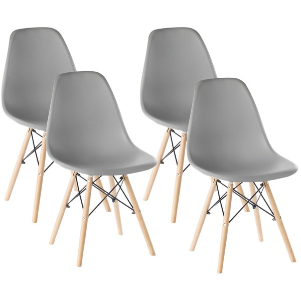 Fabulaxe Plastic DSW Shell Dining Chair with Solid Beech Wooden Dowel Eiffel Legs, Gray, PK 4 QI003746.GY.4